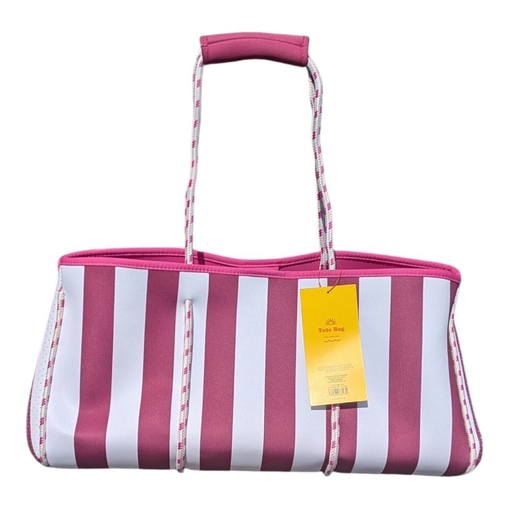 Sun Squad Jumbo XL Beach Tote Bag Pink White Stripe 22” Padded Handles NWT